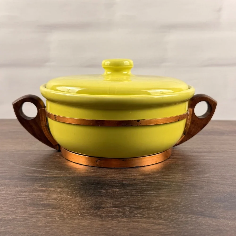 Bauer Pottery Chartreuse Casserole Lid Copper Wood Stand California